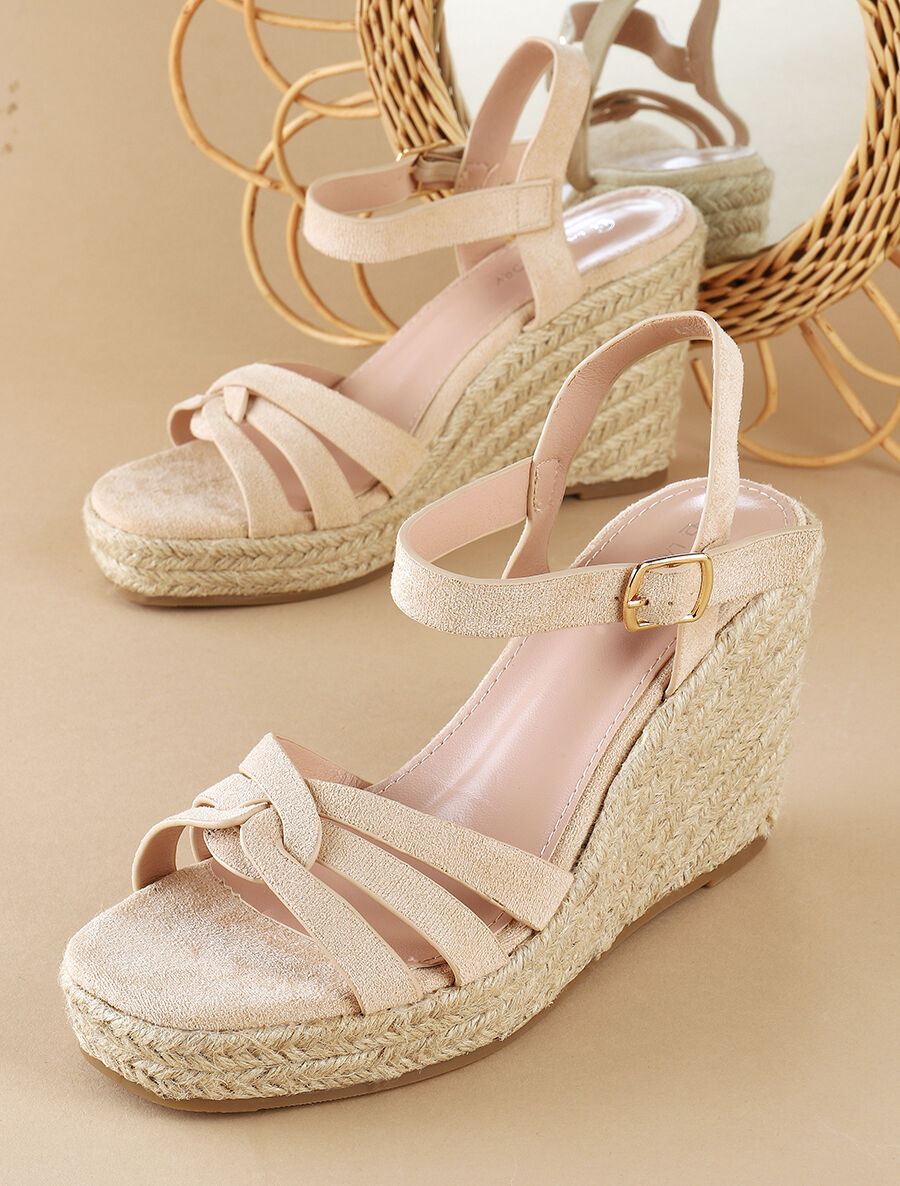 Sandales en suédine à talon compensé - Beige - 1