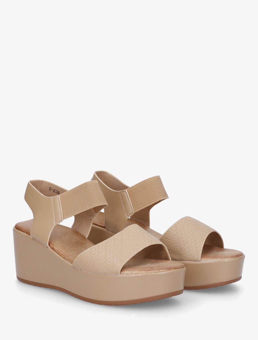 Sandales compensées en simili texturé - Beige foncé - 4