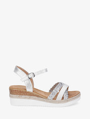 Sandales compensées croisées à paillettes - Argent - 1