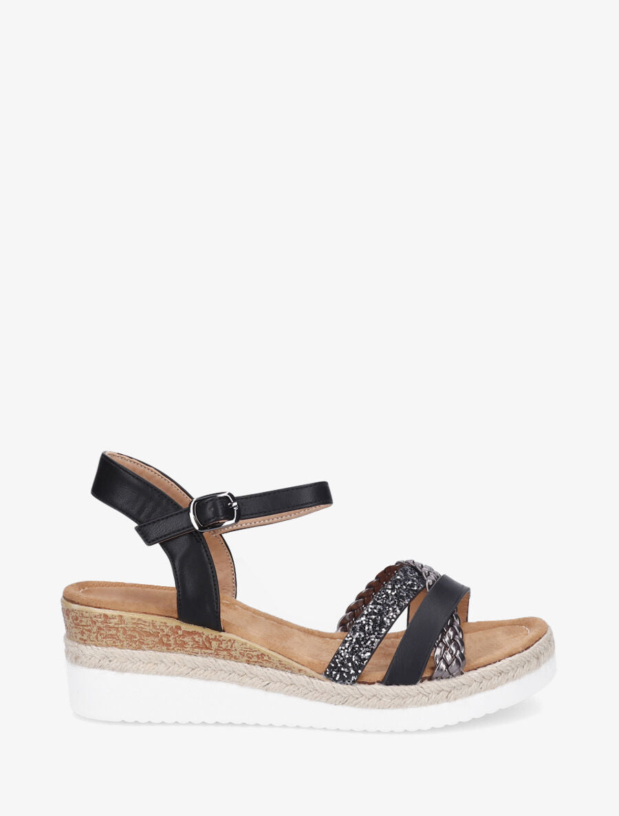 Sandales compensées croisées à paillettes - Noir - 5