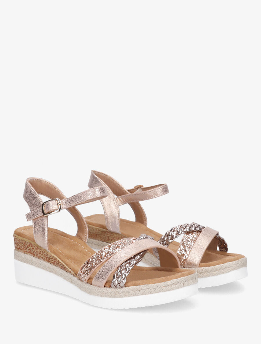 Sandales compensées croisées à paillettes - Rose gold - 4