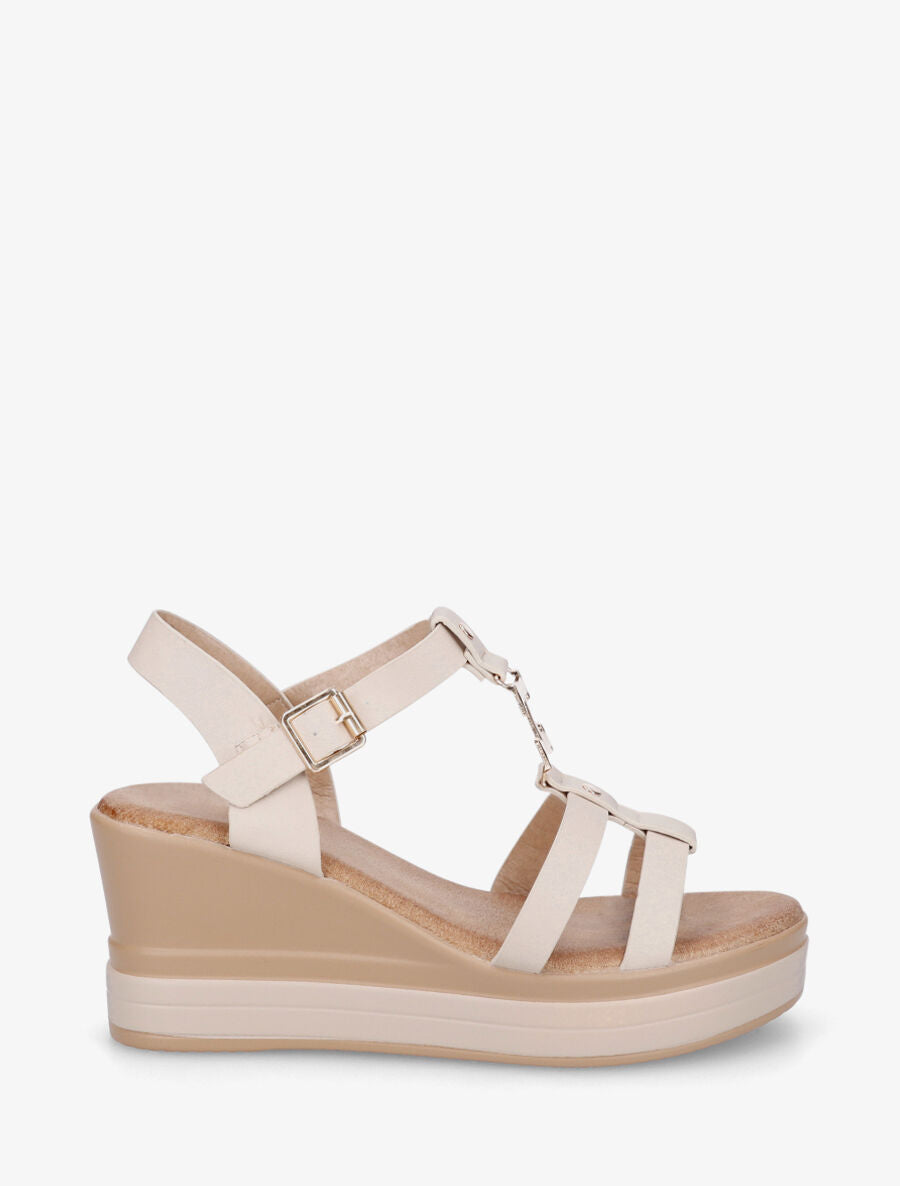 Sandales compensées à boucle métallique - Beige - 1
