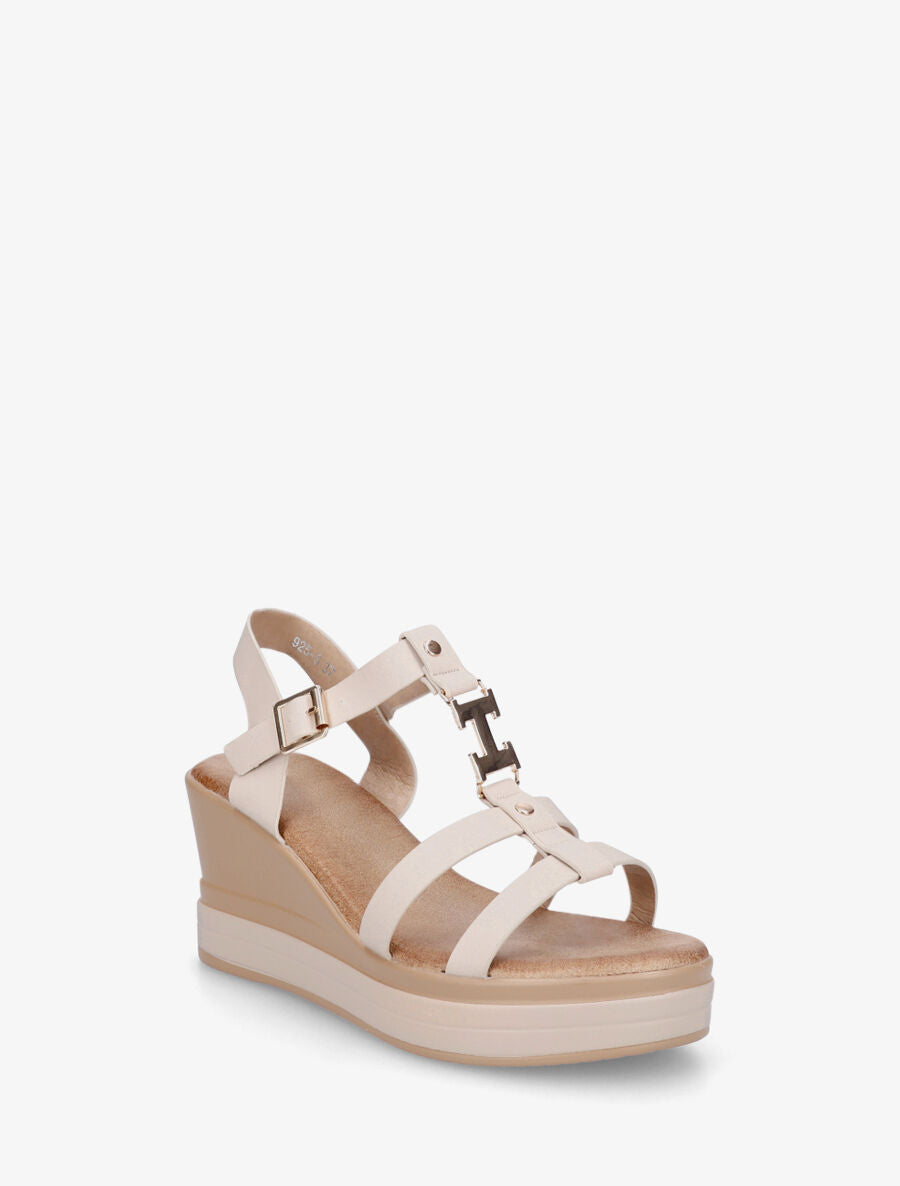 Sandales compensées à boucle métallique - Beige - 2
