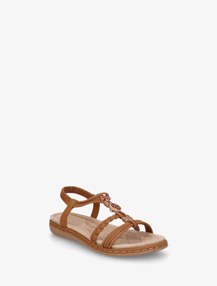 Nu-pieds unis à empiècement perles en bois - Camel - 2
