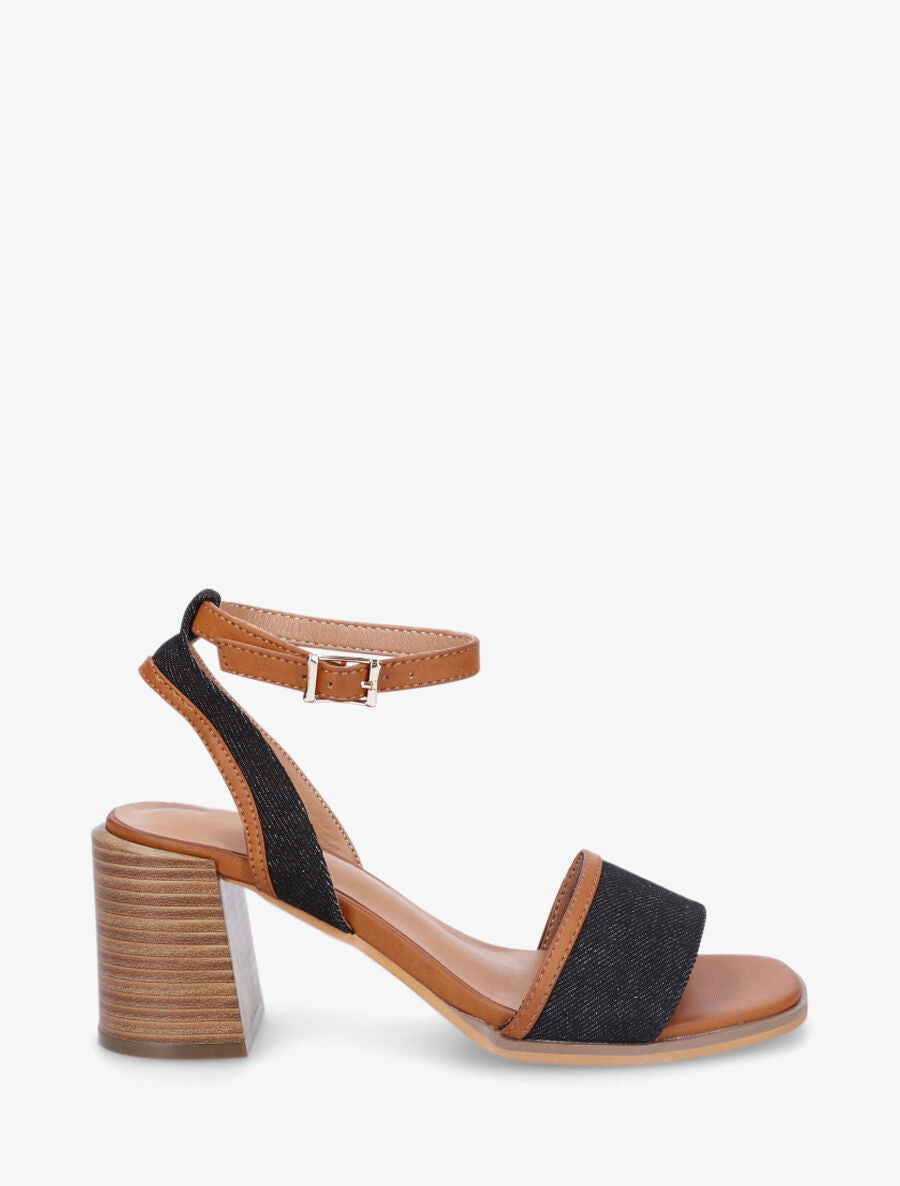 Sandales à talon en tissu effet denim - Noir - 1