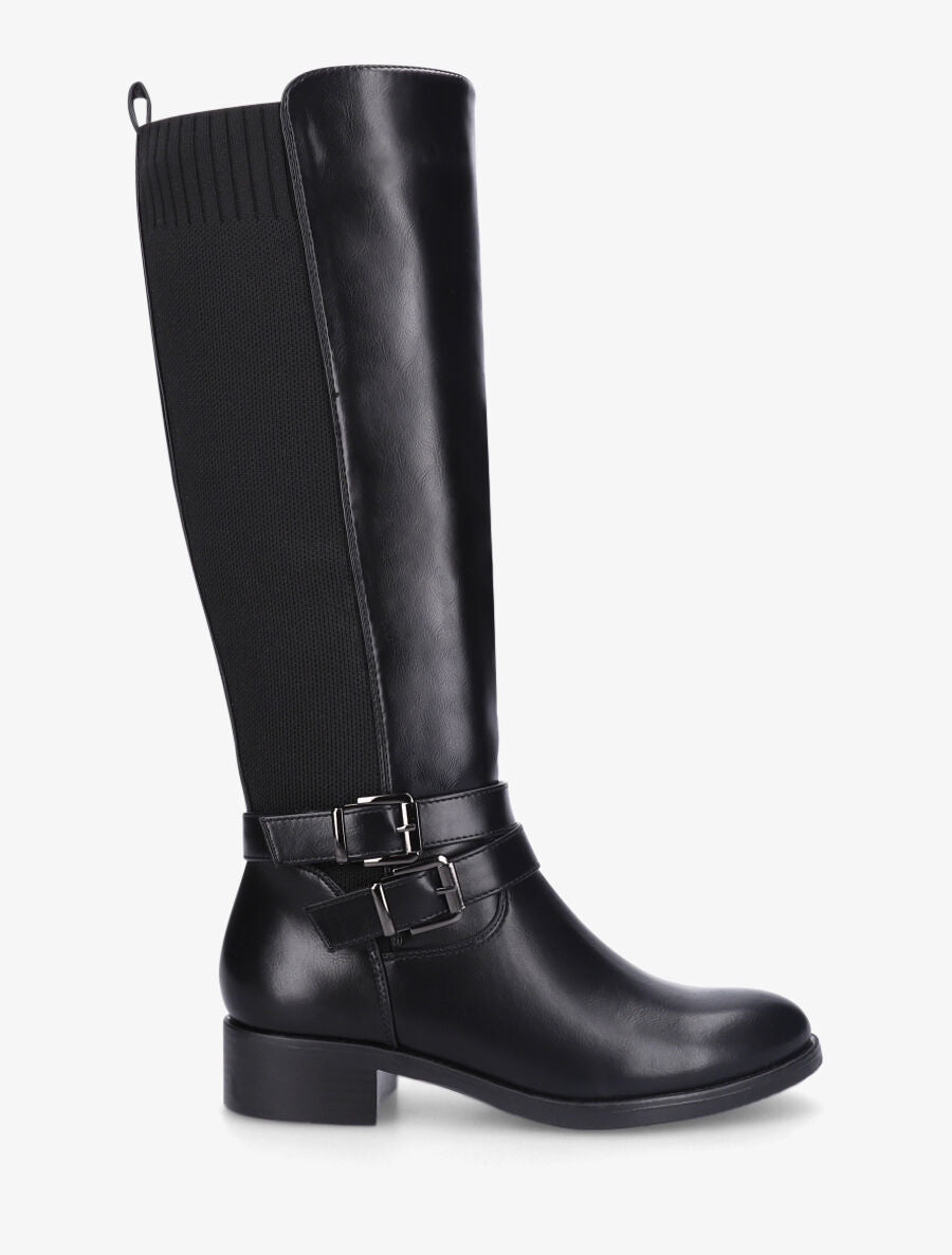 Bottes à talon en simili et tissu - Noir - 1