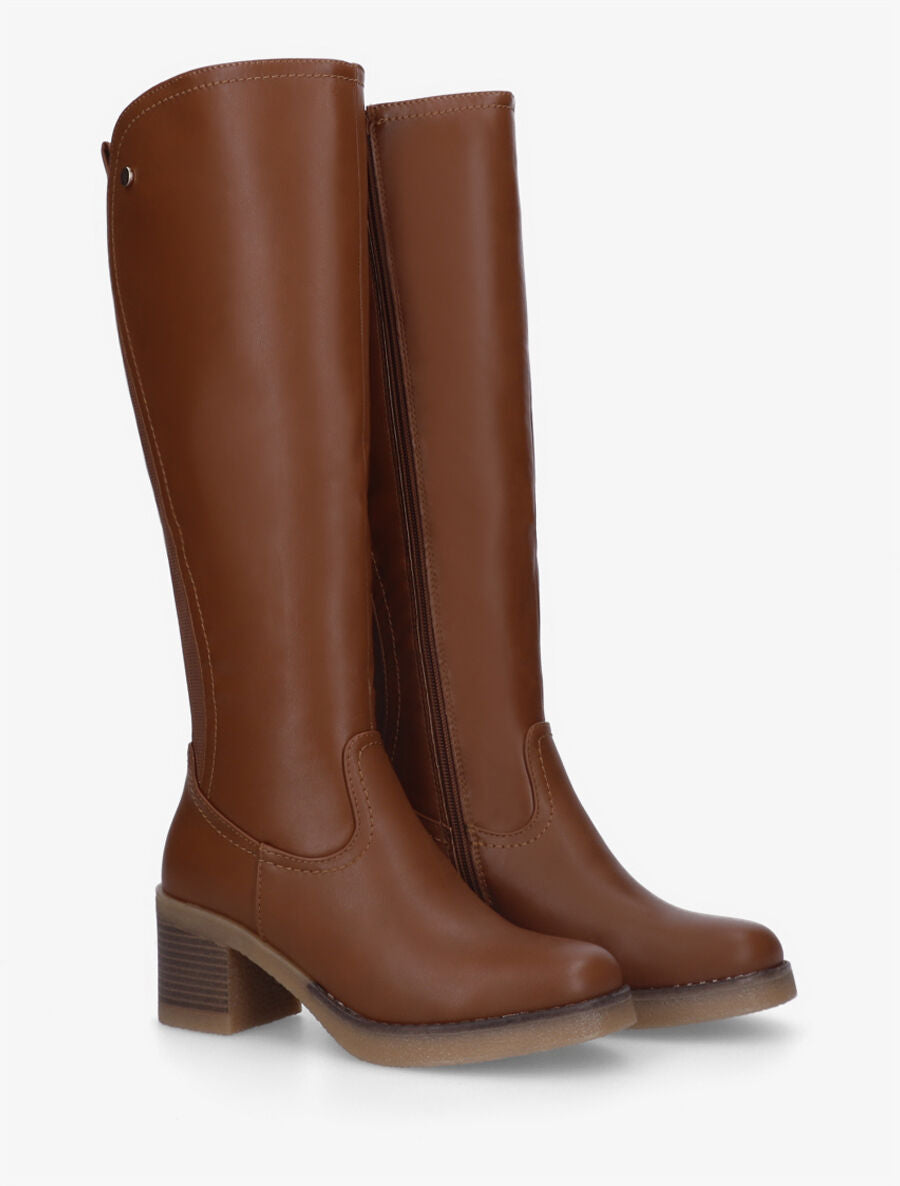 Bottes en simili à talon et bande élastiquée - Camel - 4