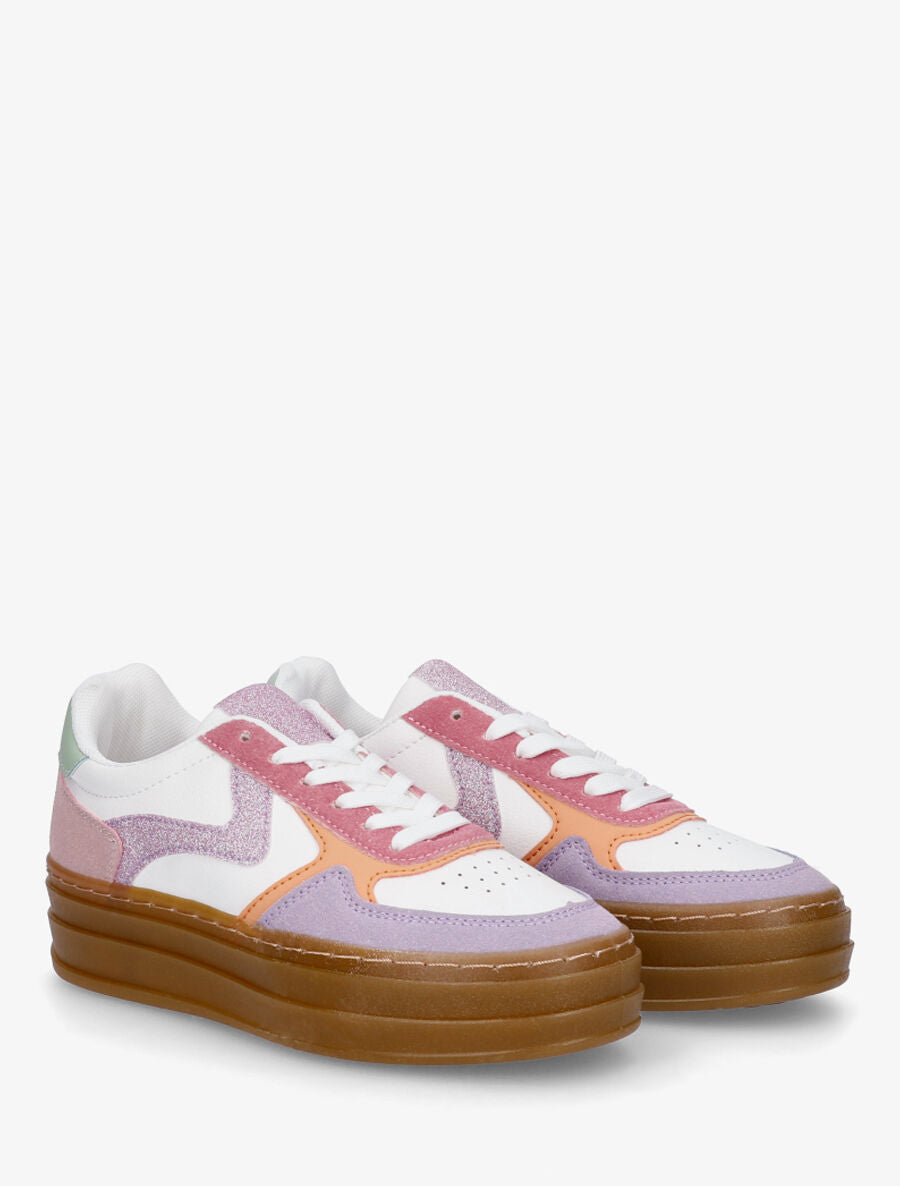 Sneakers à blocs multicolore et semelle épaisse - Rose - 4
