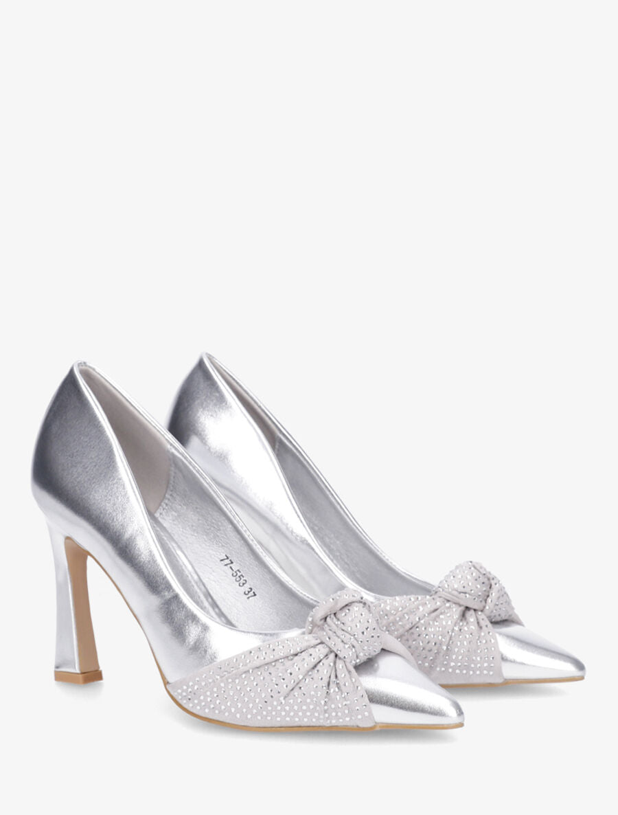 Escarpins en simili à noeud strassé - Argent - 4