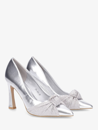 Escarpins en simili à noeud strassé - Argent - 4