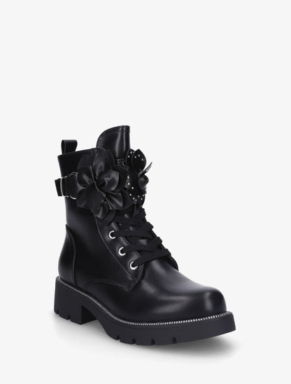 Bottines en simili à empiècement fleurs - Noir - 2