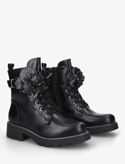 Bottines en simili à empiècement fleurs - Noir - 4
