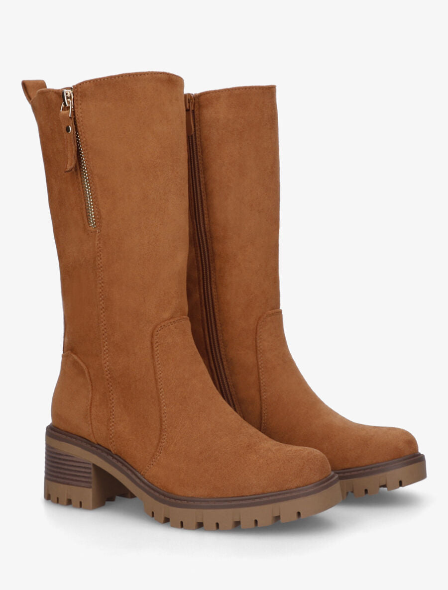 Bottines montantes en suédine à double zips - Camel - 4
