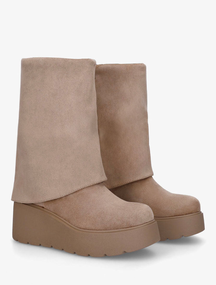 Bottines compensées en suédine à revers - Taupe - 4