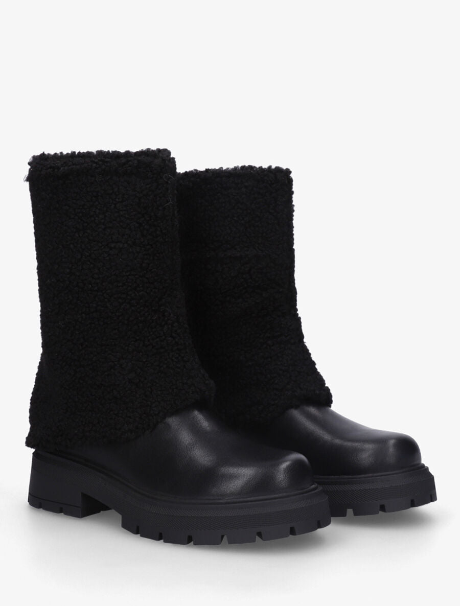 Bottines à revers laine effet bouclé - Noir - 4