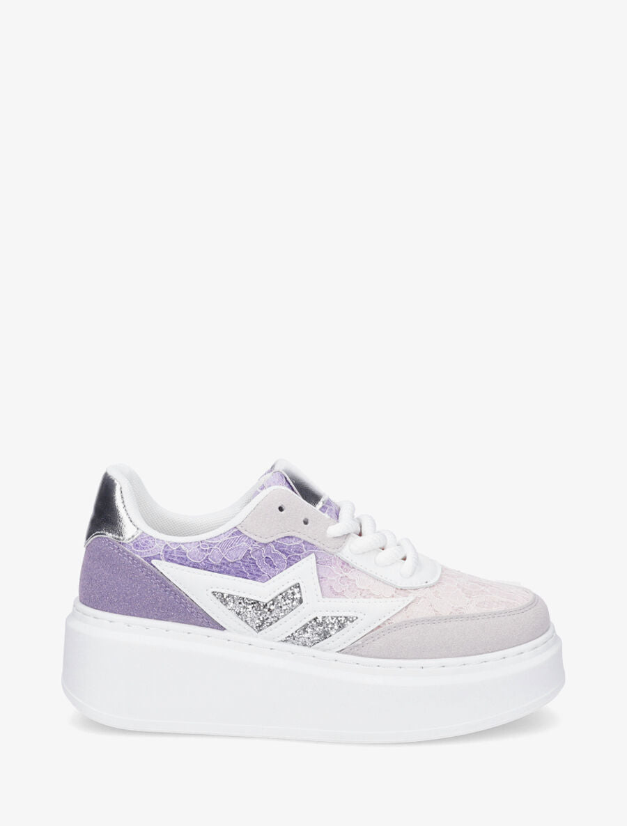 Sneakers en simili à détail dentelle et sequins - Lilas - 1