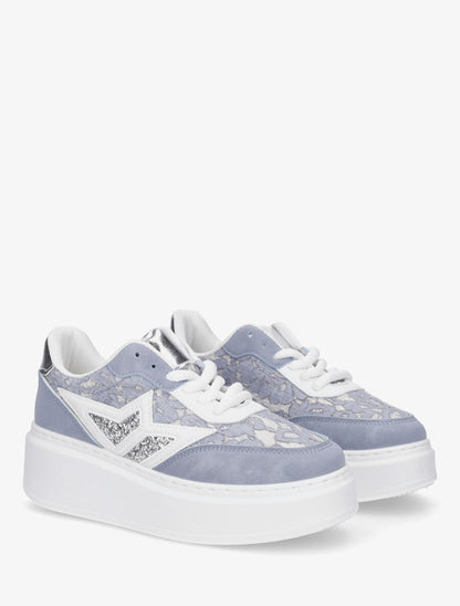Sneakers en simili à détail dentelle et sequins - Bleu - 4