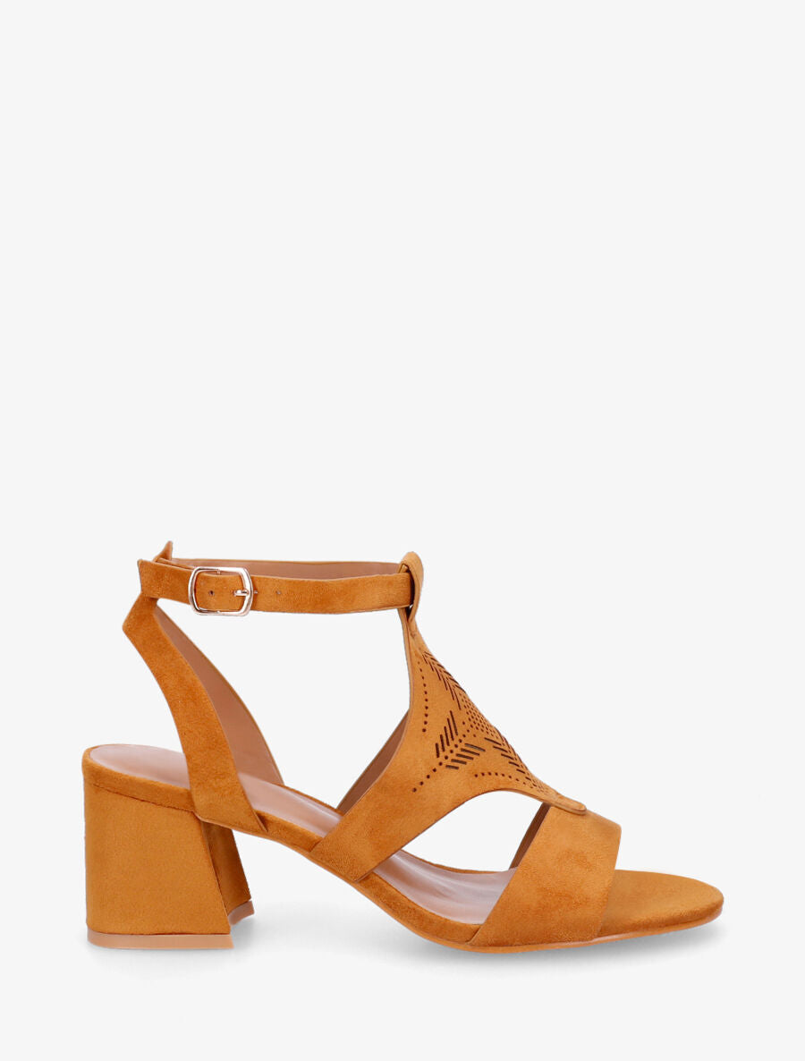 Sandales à talon et motifs ajourés - Camel - 1