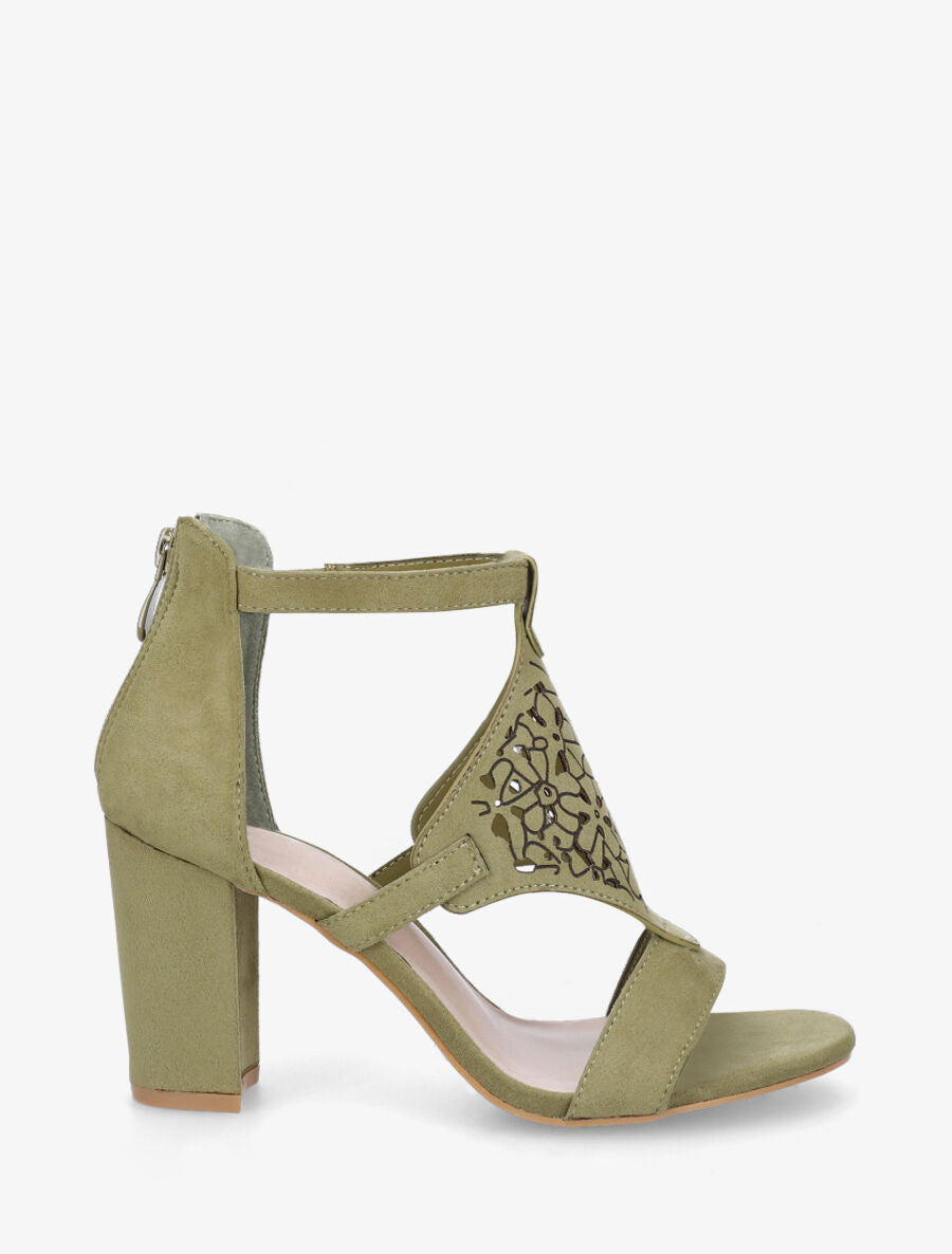 Sandales en suédine à claque piquetée motif fleuri - Kaki - 1