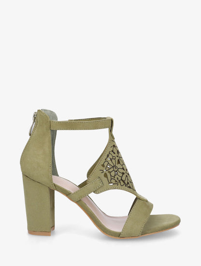Sandales en suédine à claque piquetée motif fleuri - Kaki - 1
