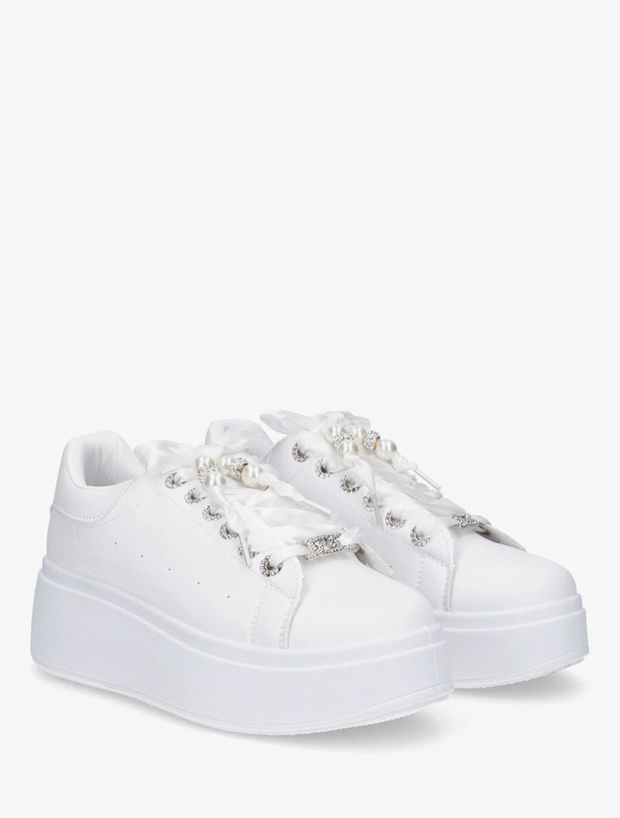 Sneakers à plateforme et strass - Blanc - 4