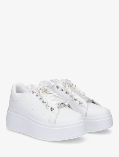 Sneakers à plateforme et strass - Blanc - 4