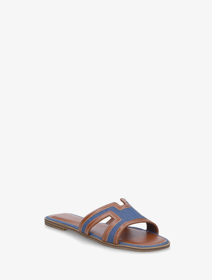 Claquettes en simili à empiècement denim - Bleu - 2