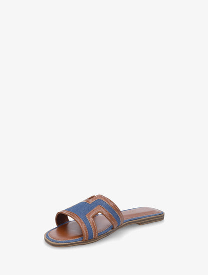 Claquettes en simili à empiècement denim - Bleu - 3
