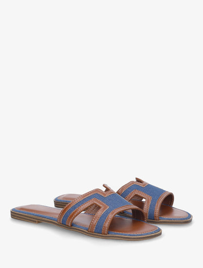 Claquettes en simili à empiècement denim - Bleu - 4