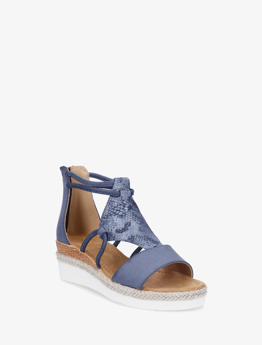 Keilsandalen mit Riemen im schimmernden Python-Druck. - Marine