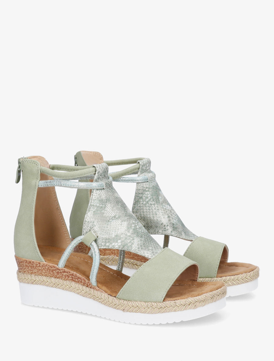 Keilsandalen mit Riemen im schimmernden Python-Druck. - Wassergrün