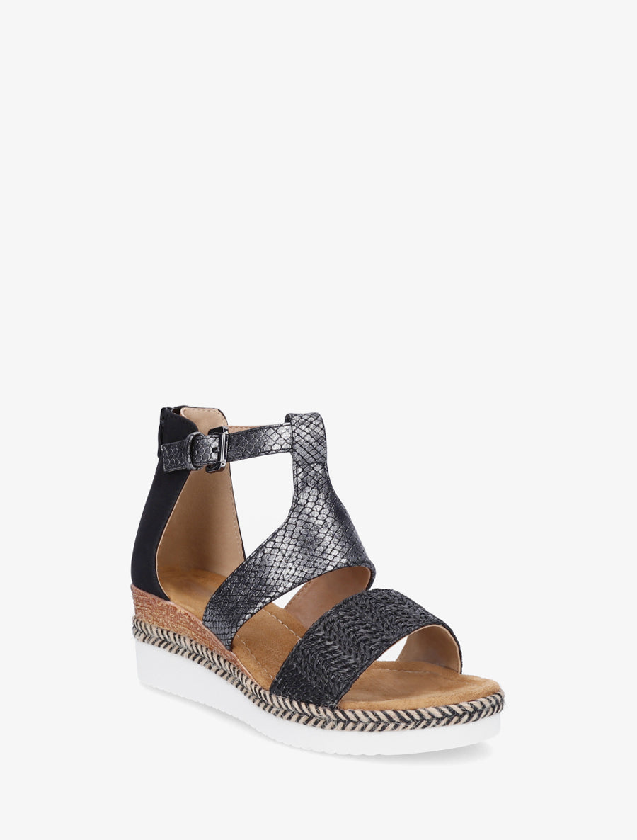 Strukturiertes Keilsandalen mit Python-Detail - Schwarz