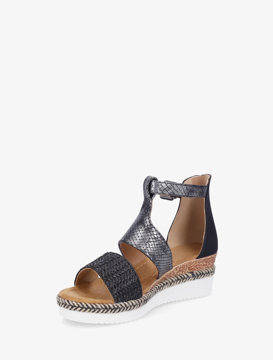 Strukturiertes Keilsandalen mit Python-Detail - Schwarz