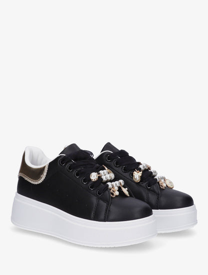 Sneakers à lacets en voile et empiècement bijoux - Noir - 4