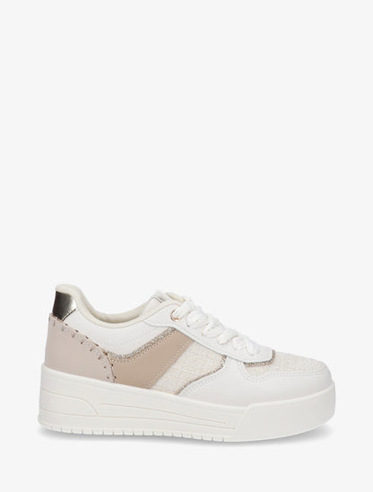 Sneakers à empiècement effet nubuck et tweed - Beige - 1