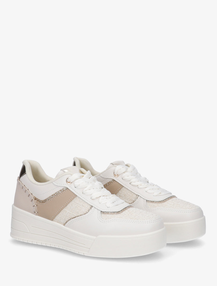 Sneakers à empiècement effet nubuck et tweed - Beige - 4