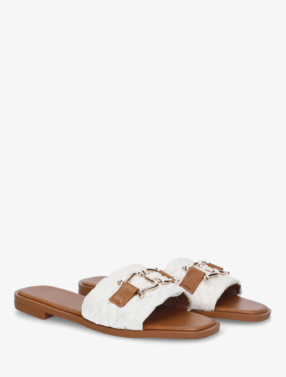 Mules plates en raphia à boucle fantaisie - Blanc - 4