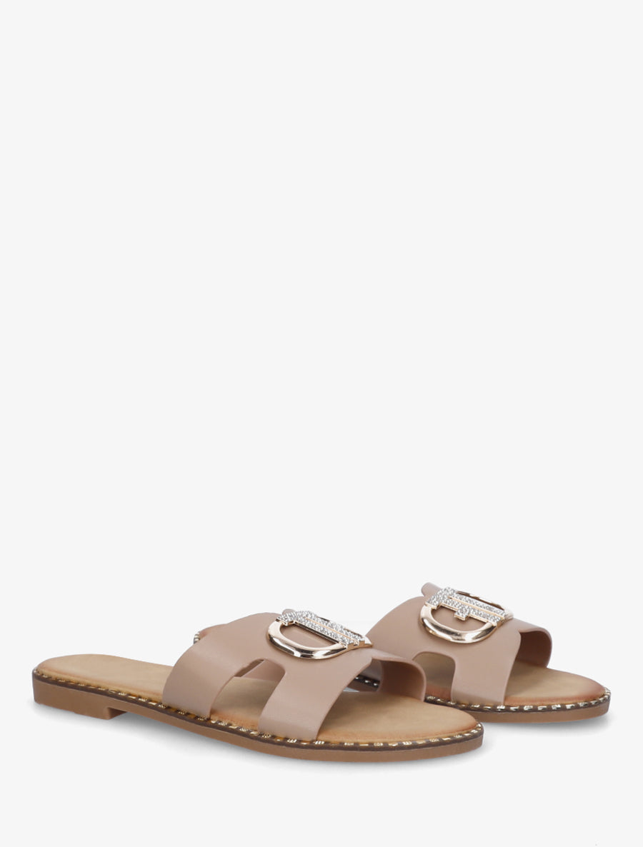 Claquettes à empiècement bijou strassé - Taupe - 4