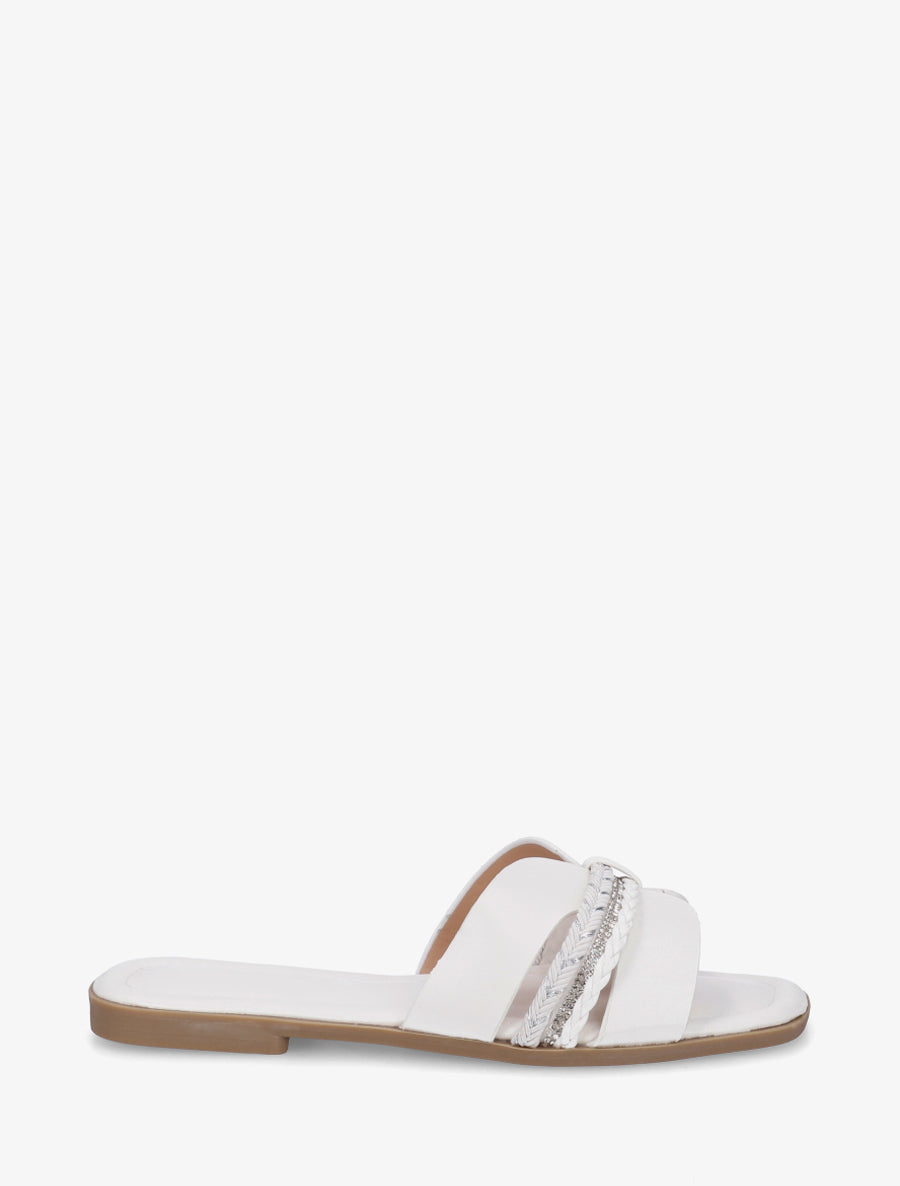 Claquettes plates à cordes tressées et strass - Blanc - 1