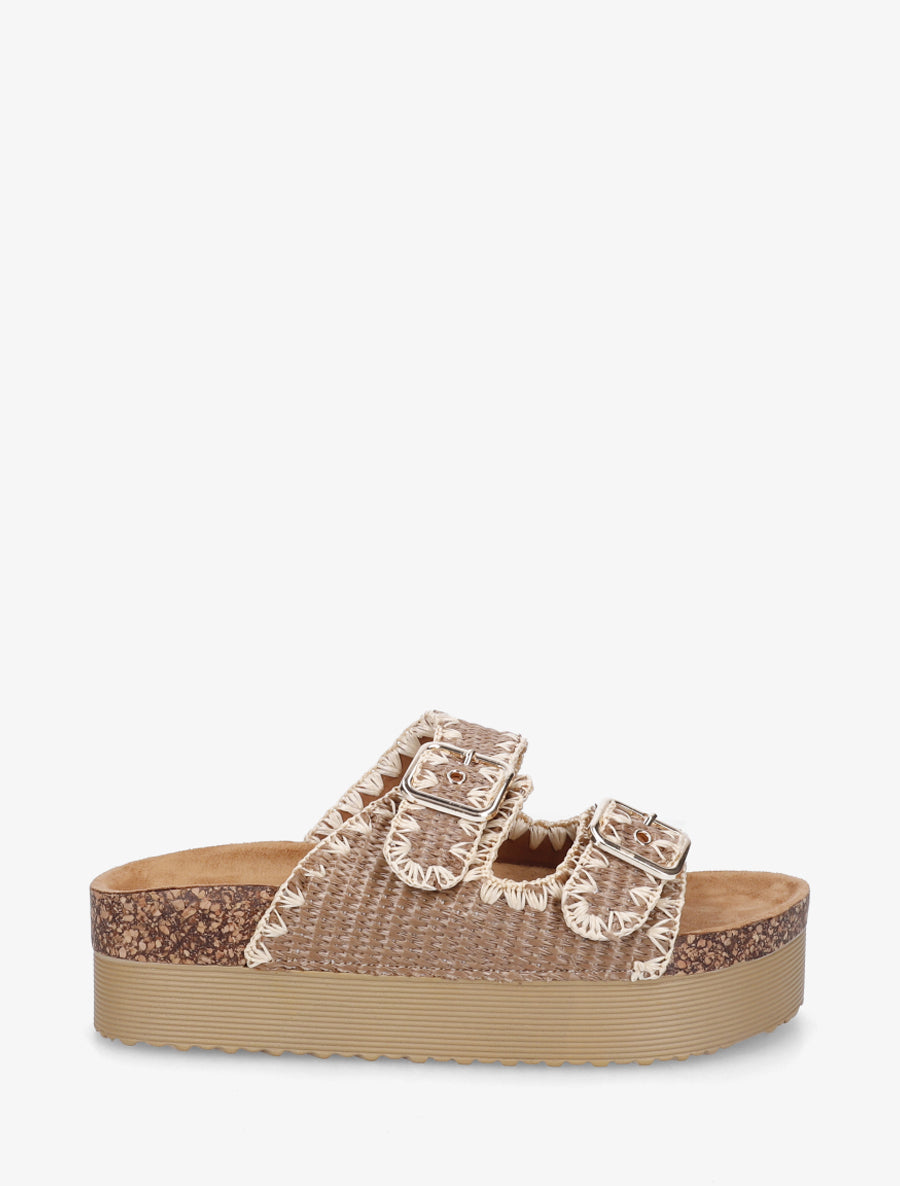 Claquettes en raphia à couture contrastantes - Taupe - 1