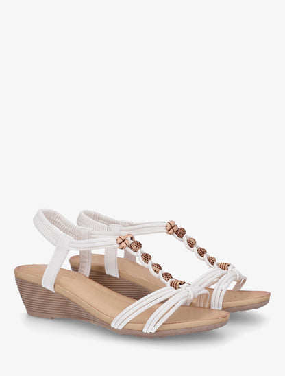 Sandales compensées à perles rondes et motif trèfle - Blanc - 4