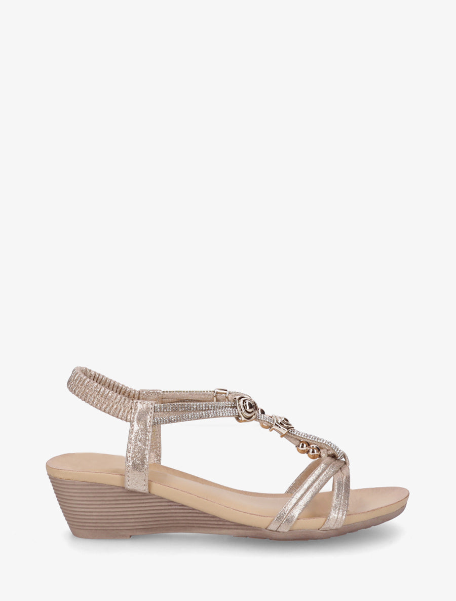 Sandales compensées à empiècement perles et strass - Or - 1