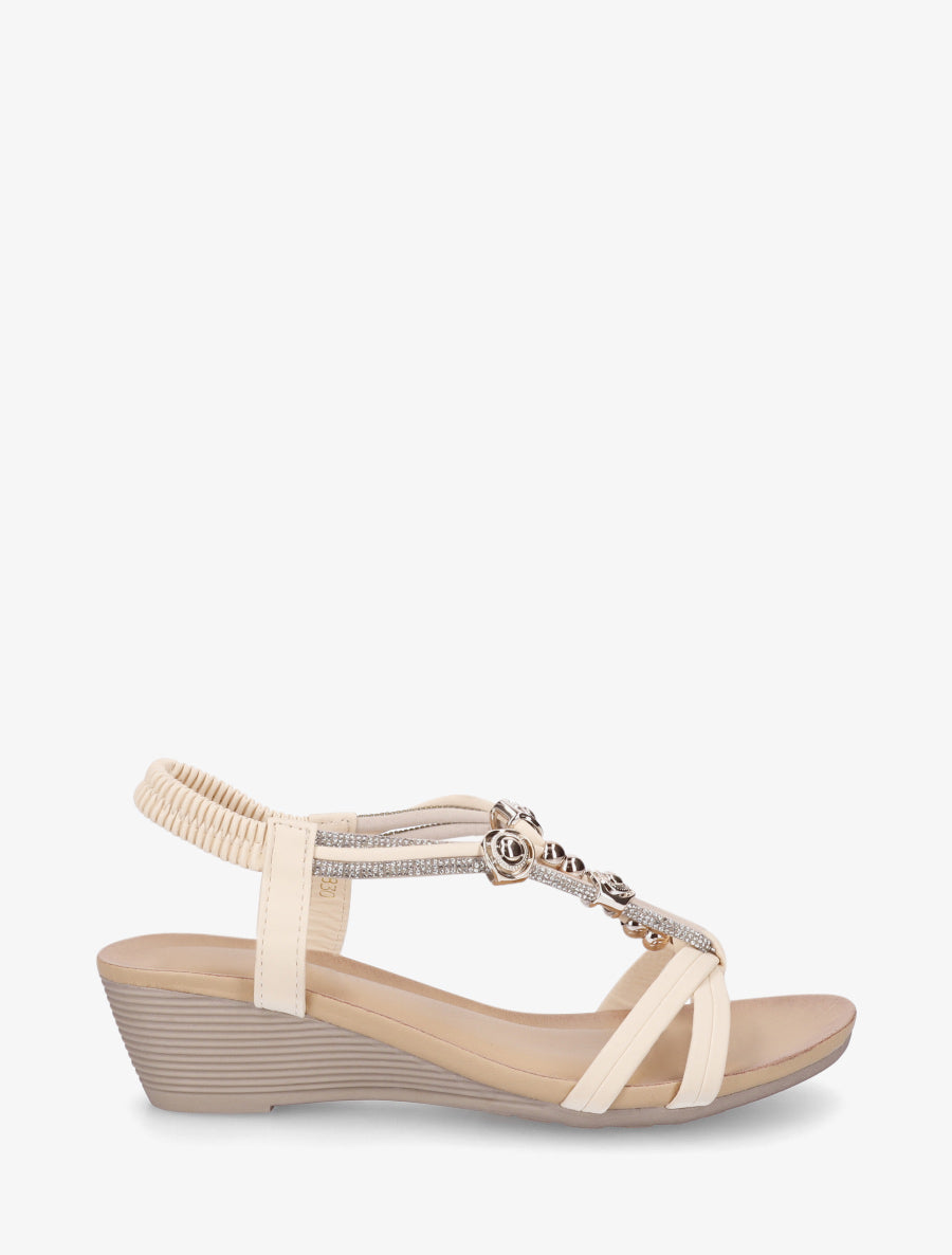 Sandales compensées à empiècement perles et strass - Beige - 1