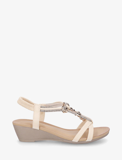 Sandales compensées à empiècement perles et strass - Beige - 1