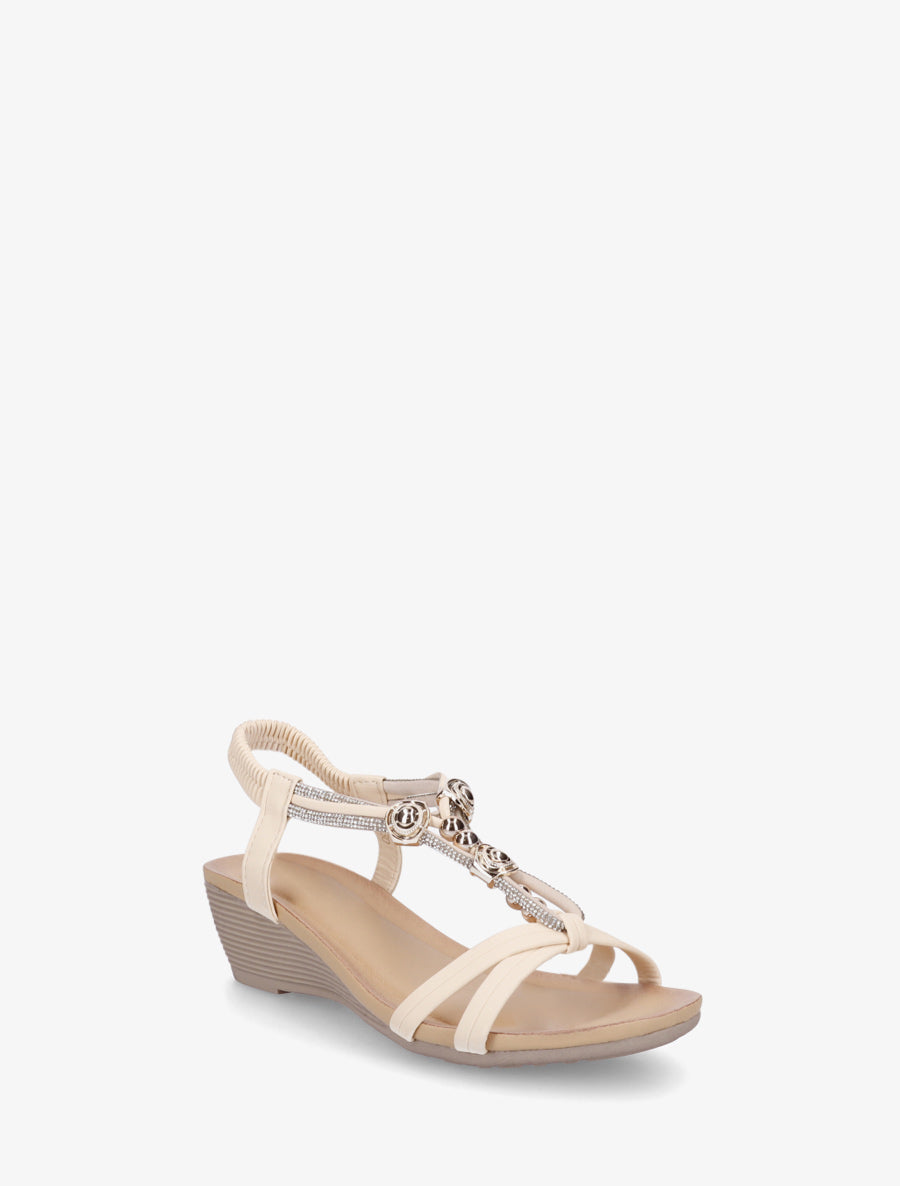 Sandales compensées à empiècement perles et strass - Beige - 2