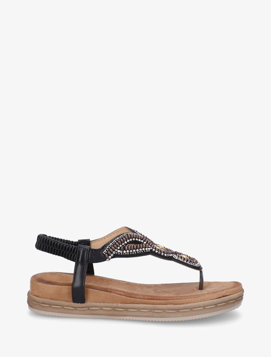 Nu-pieds à entredoigt et empiècement strass et perles - Noir - 1