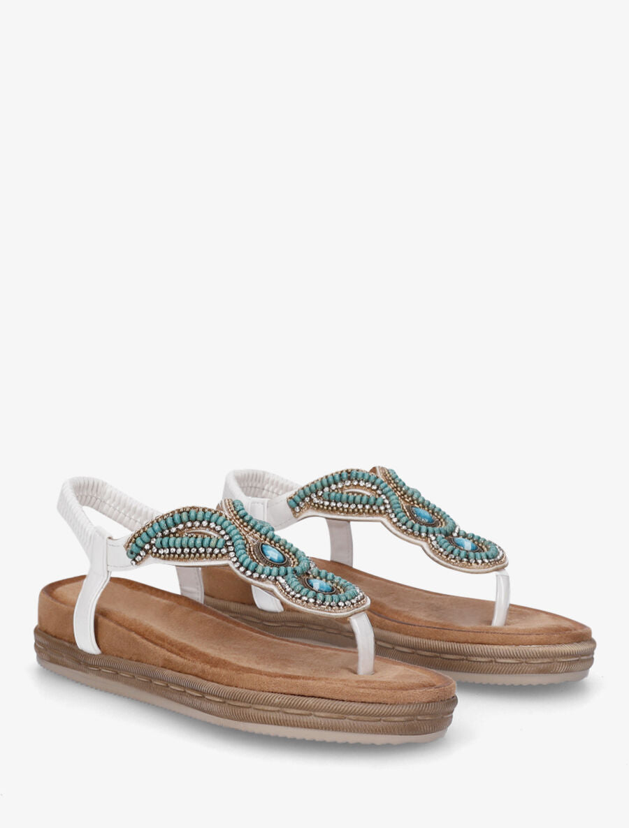 Nu-pieds à entredoigt et empiècement strass et perles - Blanc - 4