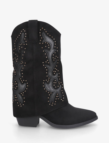 Bottes cloutées style santiag en suédine - Noir - 1