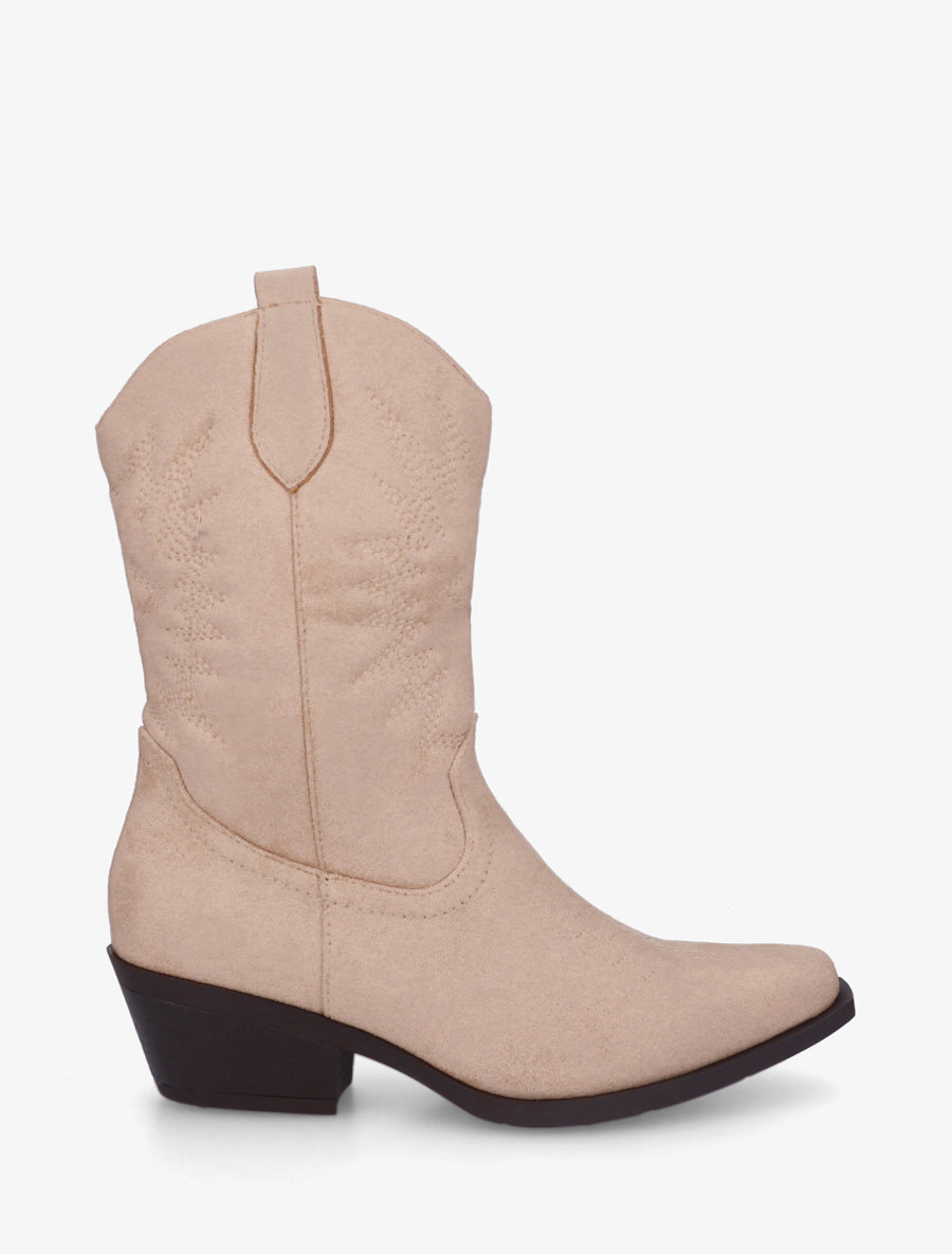 Bottines style santiags en suédine - Beige - 1