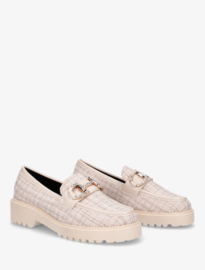 Mocassins en tweed à boucle strassée - Beige - 4